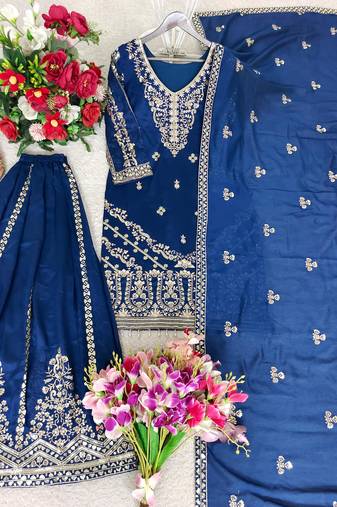 Royal blue embroidered sharara suit