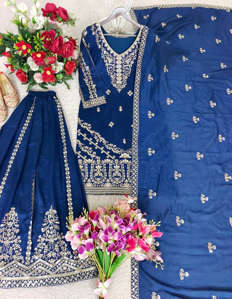 Royal blue embroidered sharara suit