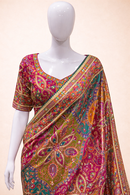  pure base printed saree with embroidery sequence work & ready-to-wear blouse 4