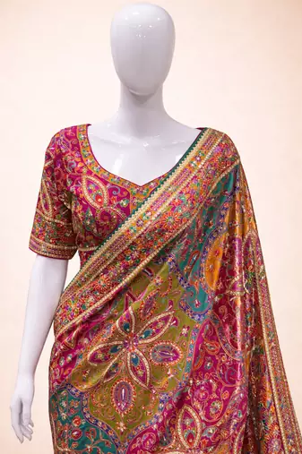  pure base printed saree with embroidery sequence work & ready-to-wear blouse