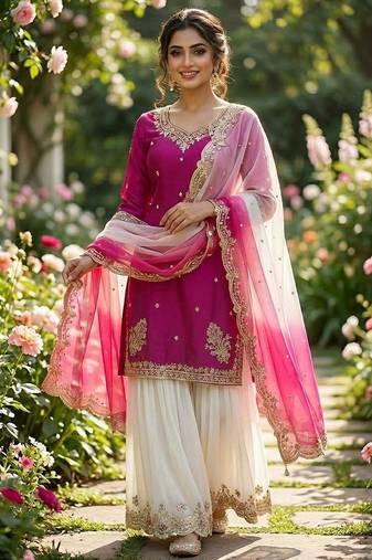 Dark magenta with white sharara set