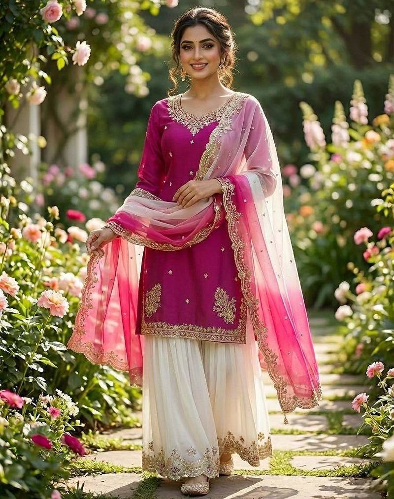 Dark magenta with white sharara set