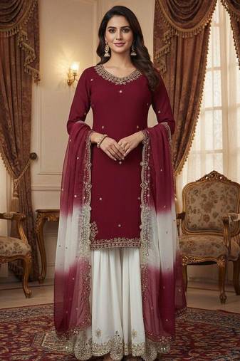 Maroon kurta with white sharara set
