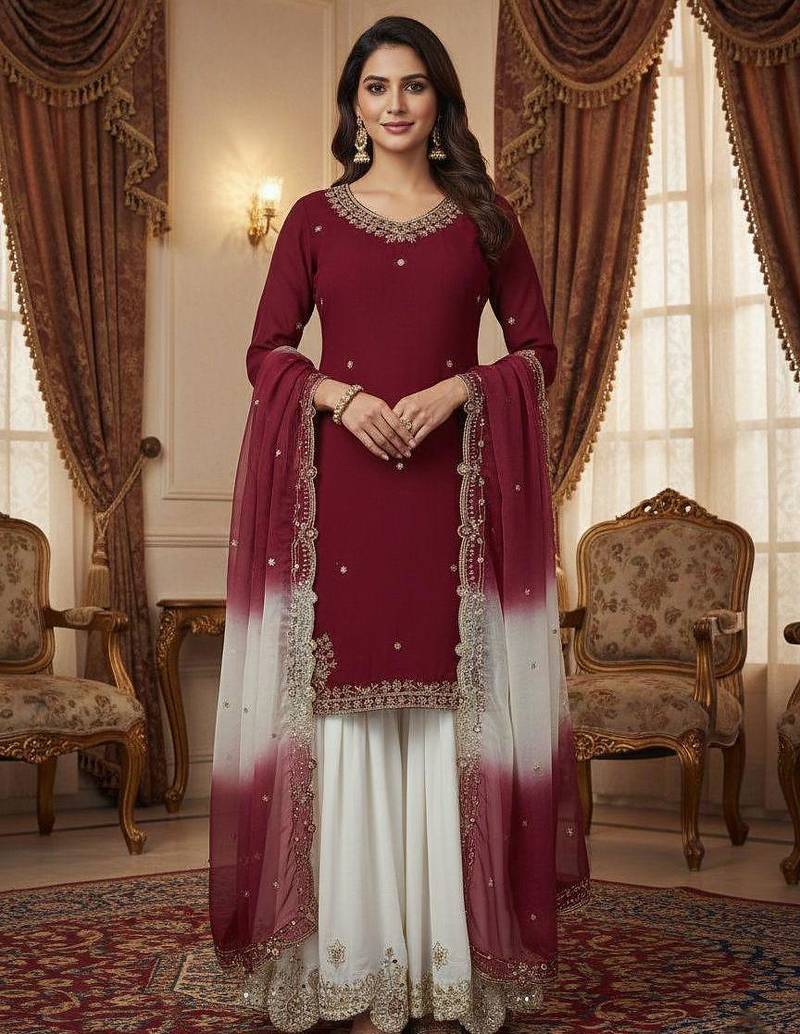 Maroon kurta with white sharara set
