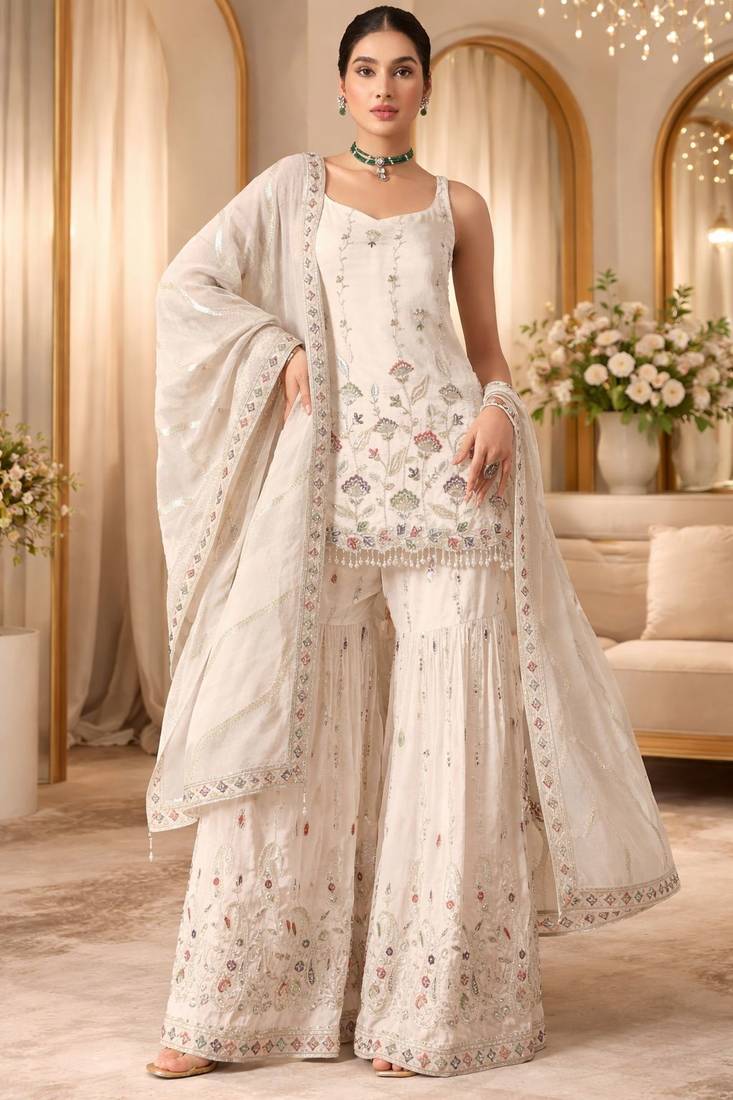 White embroidered sharara suit