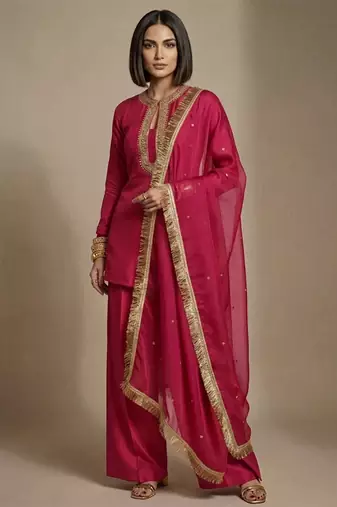 Pink embroidered raw silk kurta set