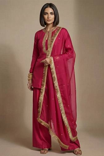 Pink embroidered raw silk kurta set