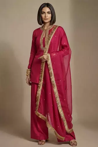 Pink embroidered raw silk kurta set