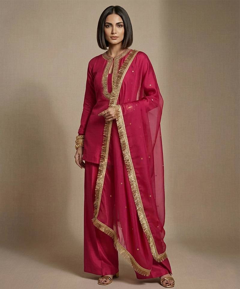 Pink embroidered raw silk kurta set