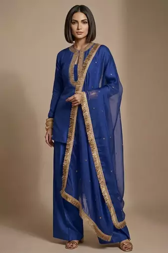 Blue embroidered raw silk kurta set