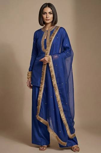 Blue embroidered raw silk kurta set