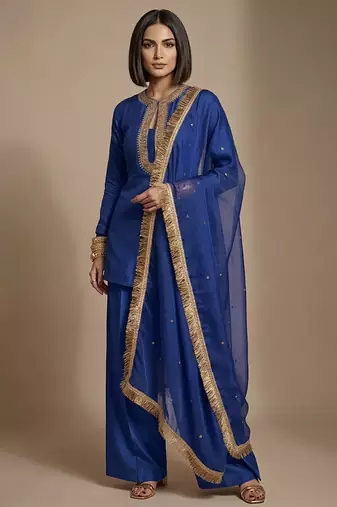 Blue embroidered raw silk kurta set