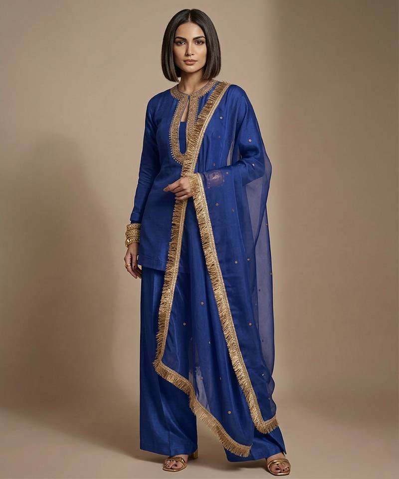 Blue embroidered raw silk kurta set