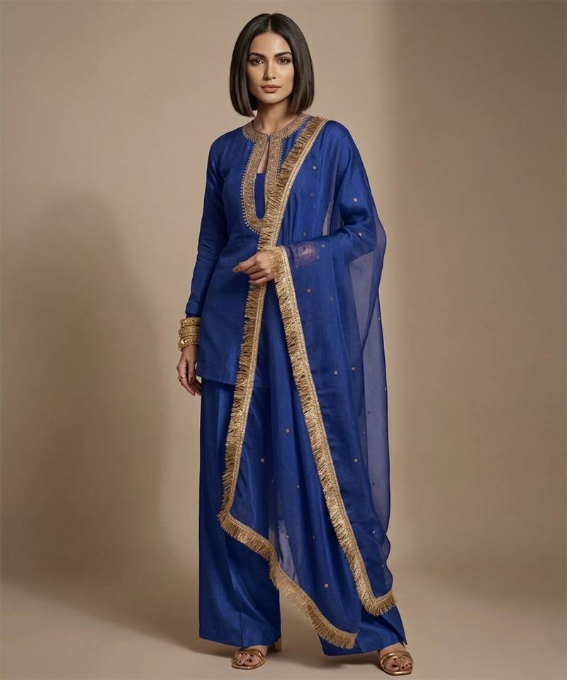 Blue embroidered raw silk kurta set