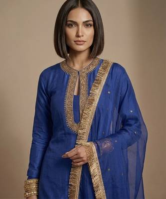 Blue embroidered raw silk kurta set 2