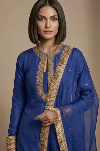 Blue embroidered raw silk kurta set