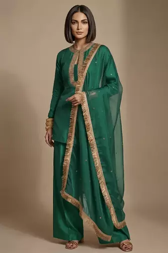 Green embroidered raw silk kurta set