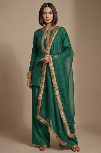 Green embroidered raw silk kurta set