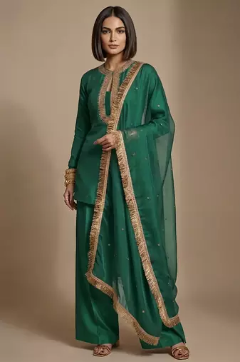 Green embroidered raw silk kurta set