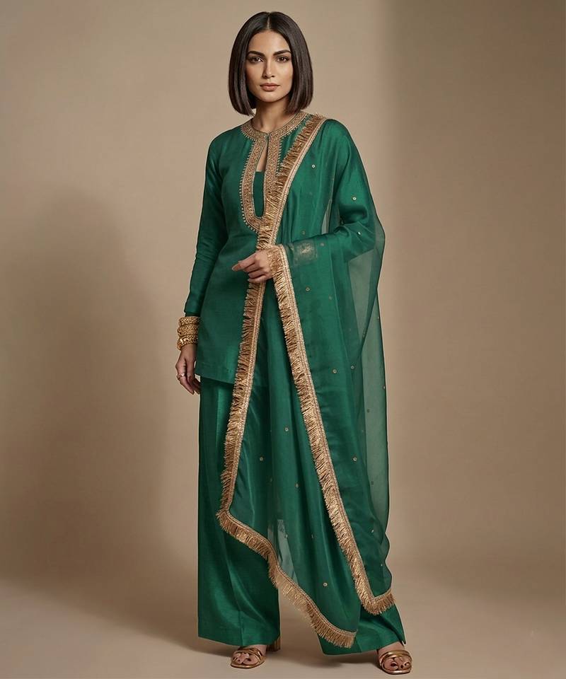 Green embroidered raw silk kurta set