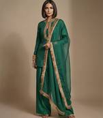 Green embroidered raw silk kurta set