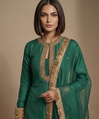 Green embroidered raw silk kurta set 2