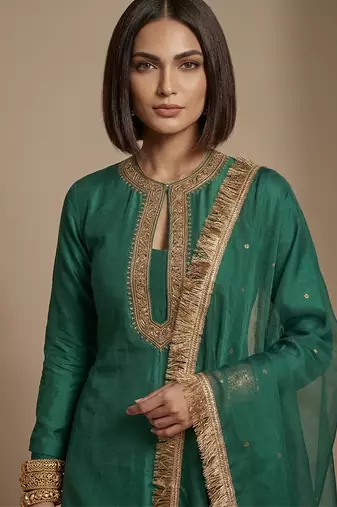 Green embroidered raw silk kurta set