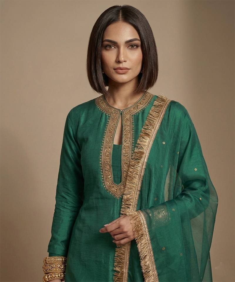 Green embroidered raw silk kurta set