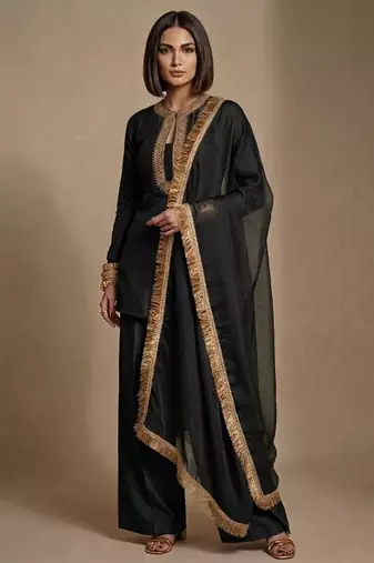 Black embroidered raw silk kurta set