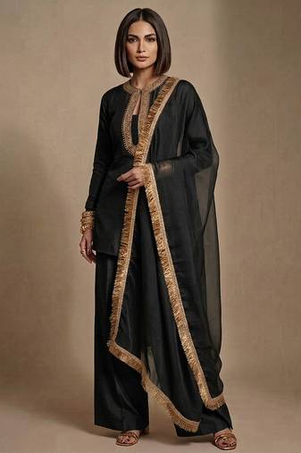 Black embroidered raw silk kurta set