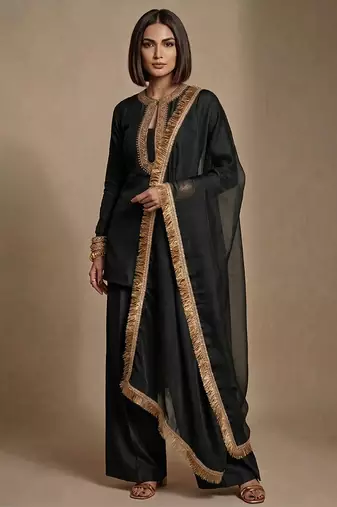 Black embroidered raw silk kurta set
