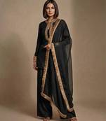 Black embroidered raw silk kurta set
