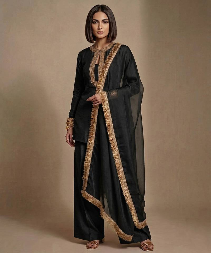 Black embroidered raw silk kurta set