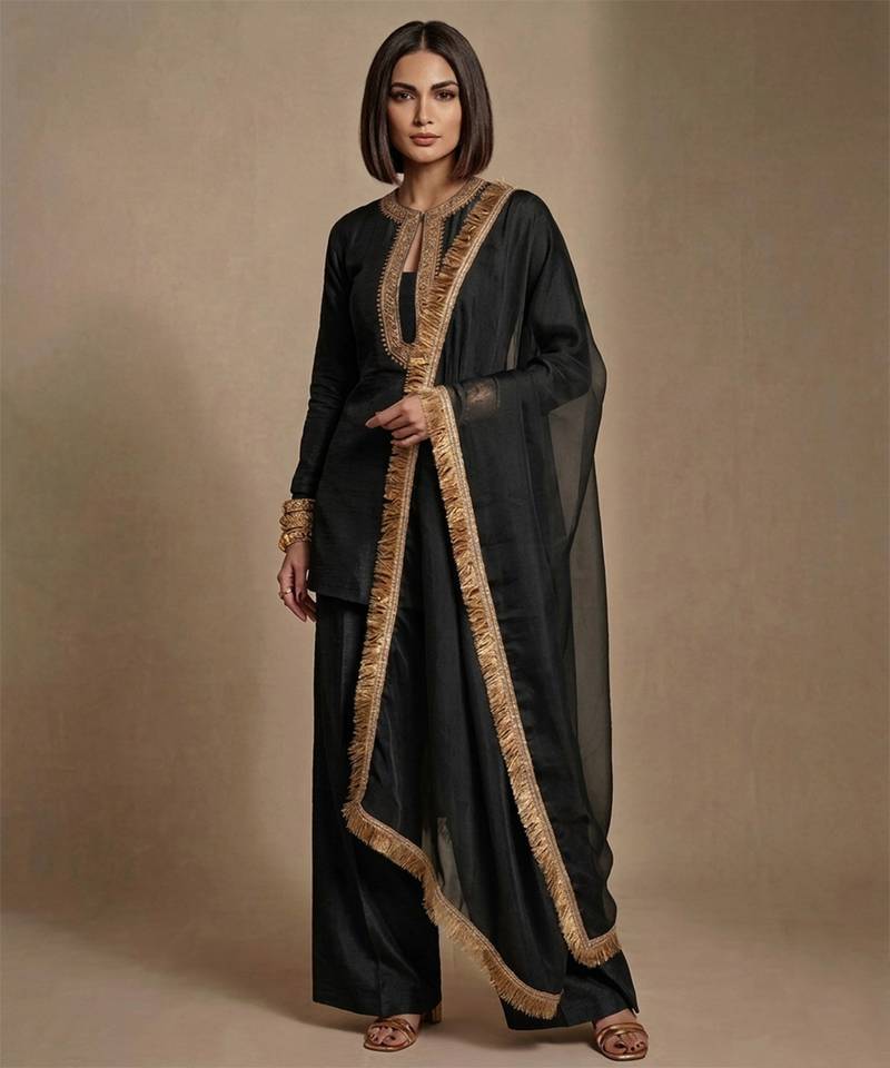 Black embroidered raw silk kurta set