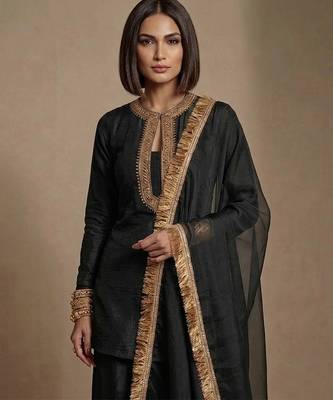 Black embroidered raw silk kurta set 2
