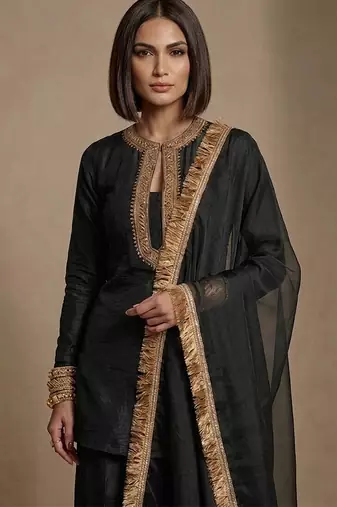 Black embroidered raw silk kurta set