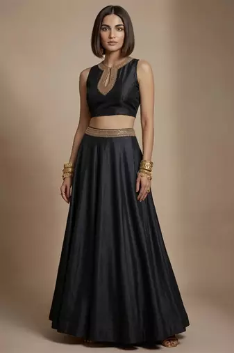 Black embroidered silk co ord set