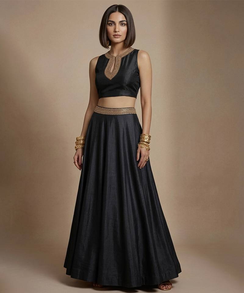 Black embroidered silk co ord set