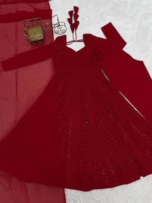 Women   s red anarkali gown with dupatta party wear ethnic dress 5