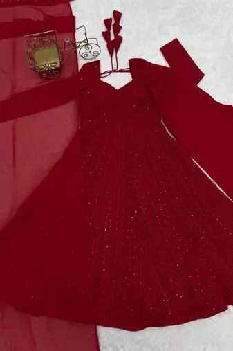 Women   s red anarkali gown with dupatta party wear ethnic dress