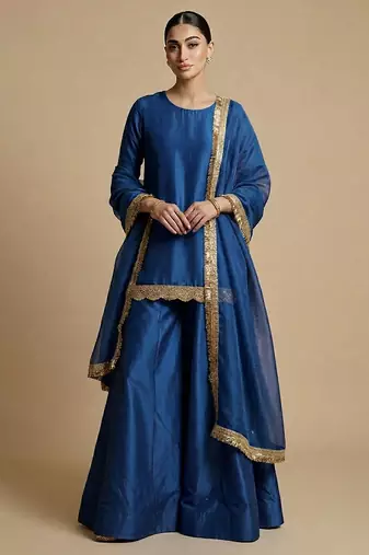 Blue embroidered silk sharara set
