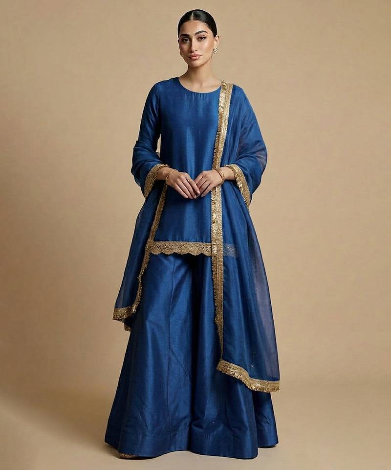 Blue embroidered silk sharara set