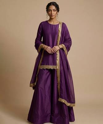 Purple embroidered silk sharara set 1