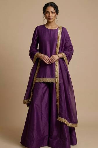Purple embroidered silk sharara set