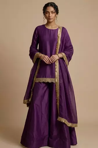 Purple embroidered silk sharara set