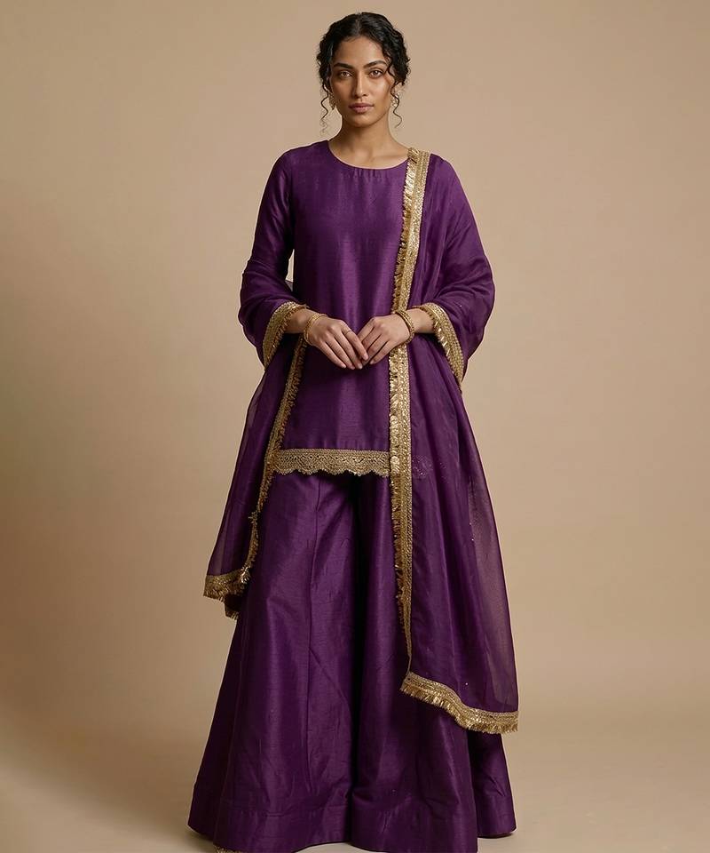 Purple embroidered silk sharara set