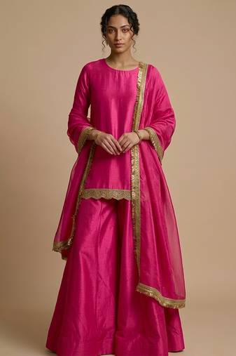 Pink embroidered silk sharara set