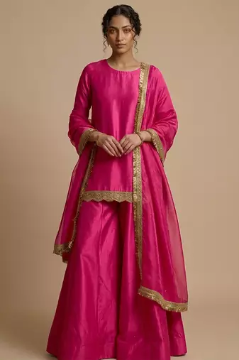 Pink embroidered silk sharara set