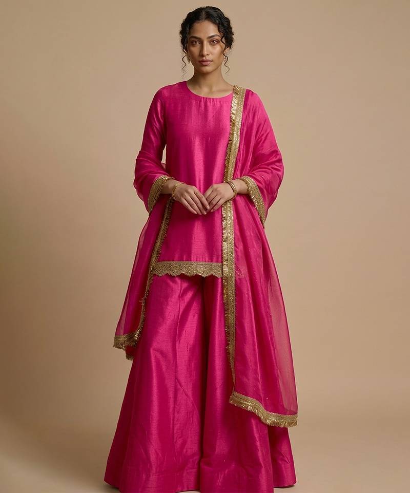 Pink embroidered silk sharara set