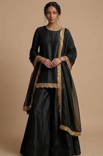 Black embroidered silk sharara set
